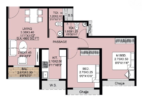 Floor plan of 2 BHK 533 Sq. Ft. Apartment in Emperia Hill Creast, Navi Mumbai