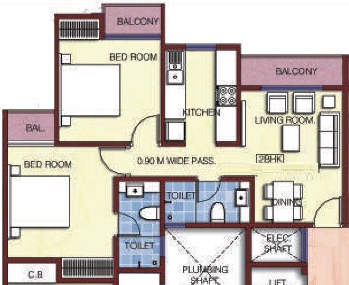 Floor plan of 2 BHK 628 Sq. Ft. Apartment in Enkay Garden, Navi Mumbai
