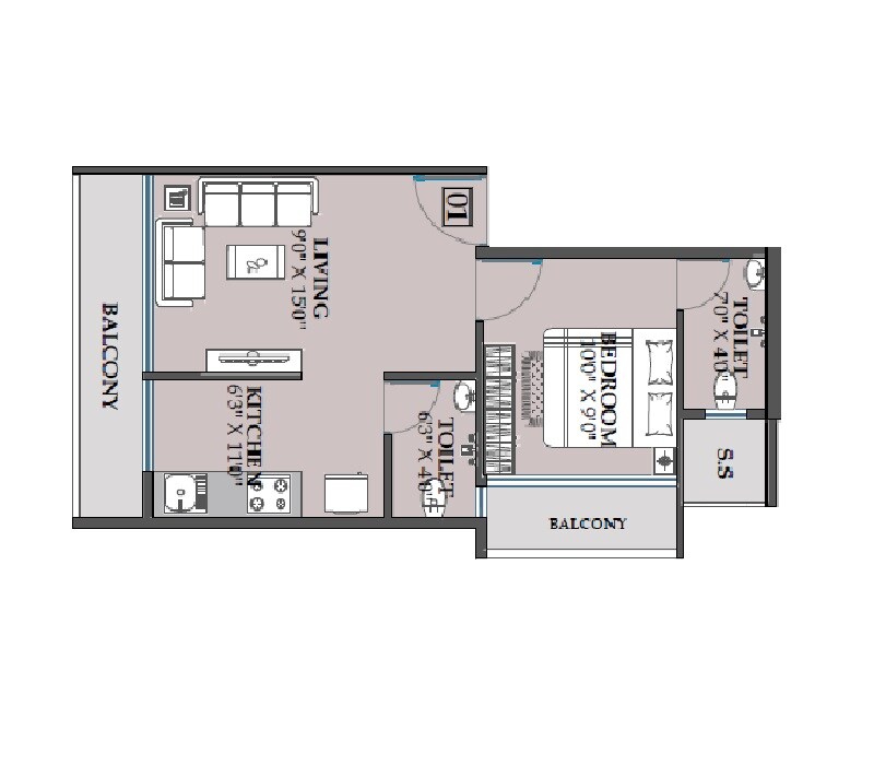 Floor plan of 1 BHK 423 Sq. Ft. Apartment in Erdamor Hillcrest, Navi Mumbai