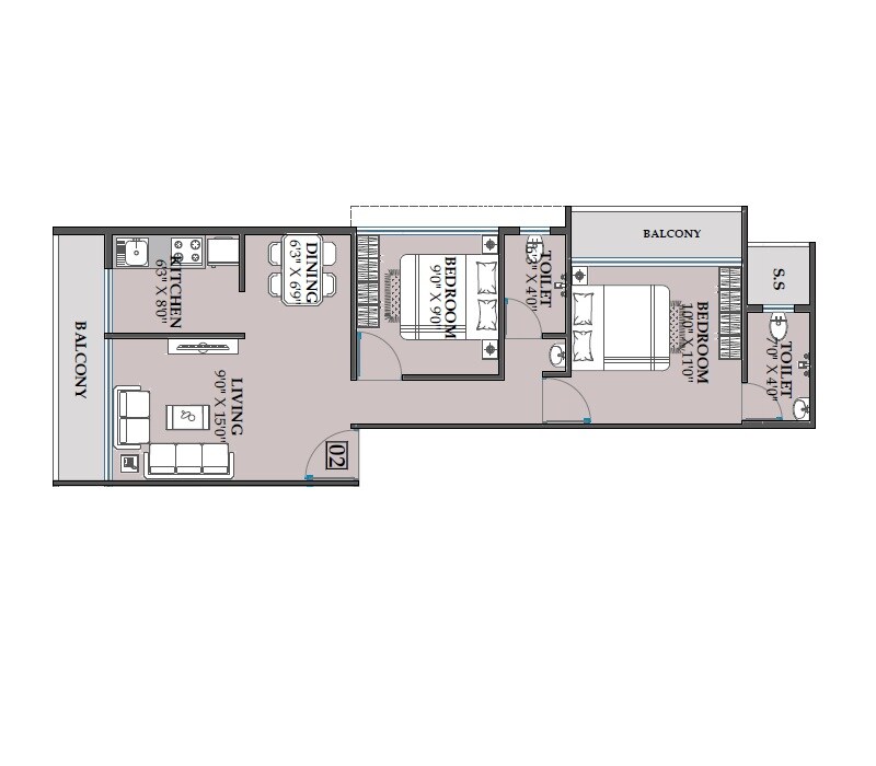 Floor plan of 2 BHK 483 Sq. Ft. Apartment in Erdamor Hillcrest, Navi Mumbai