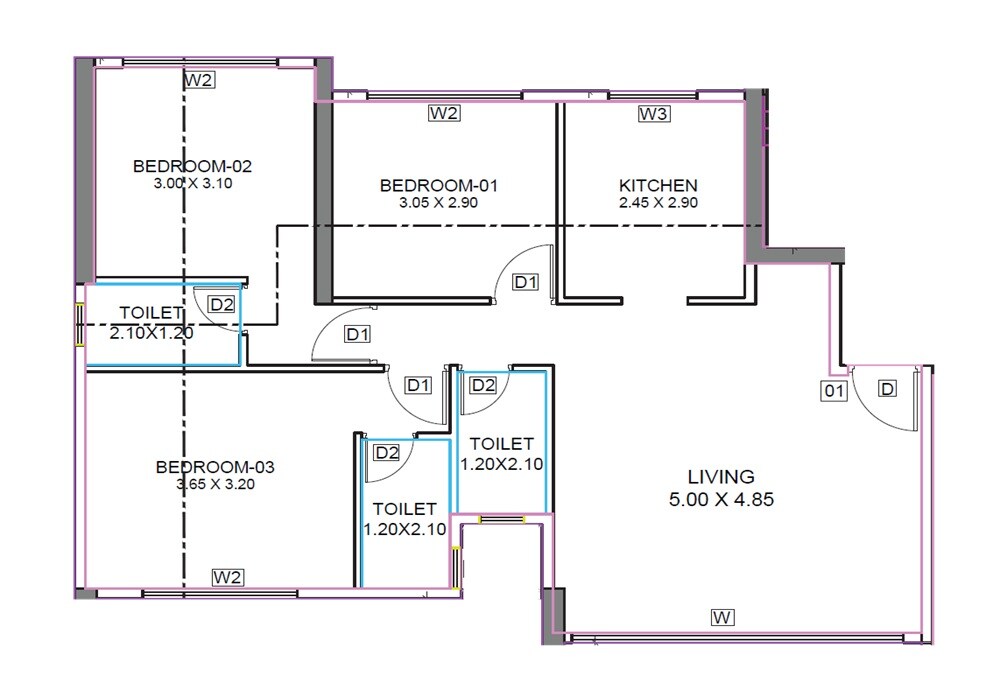 Floor plan of 3 BHK Apartment - 740 sq. ft. in EV 23 Miami West, Navi Mumbai