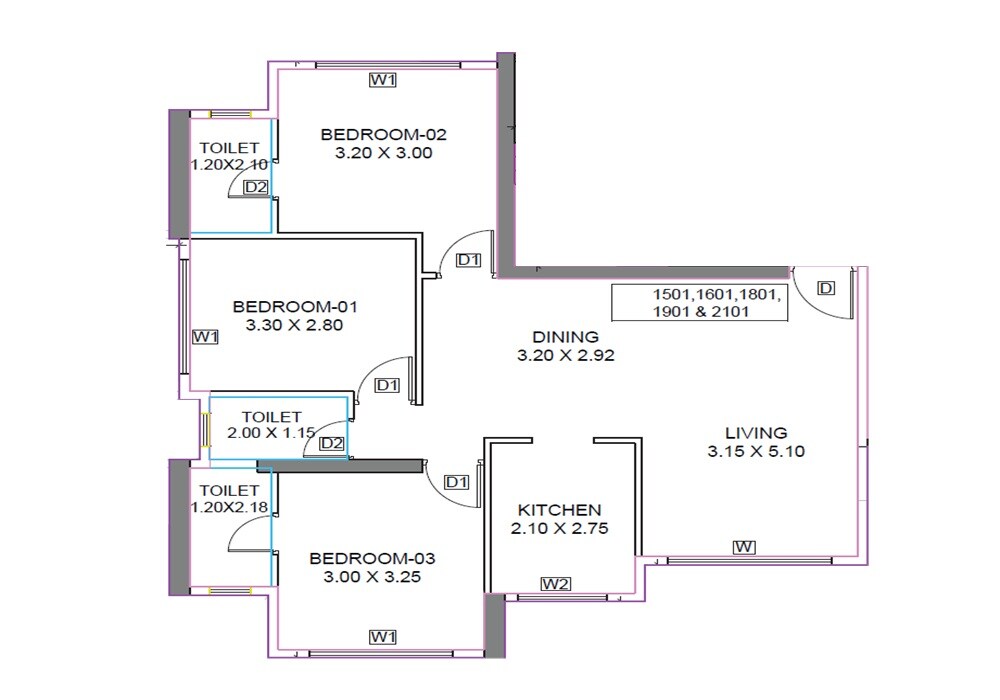 Floor plan of 3 BHK Apartment - 841 sq. ft. in EV 23 Miami West, Navi Mumbai