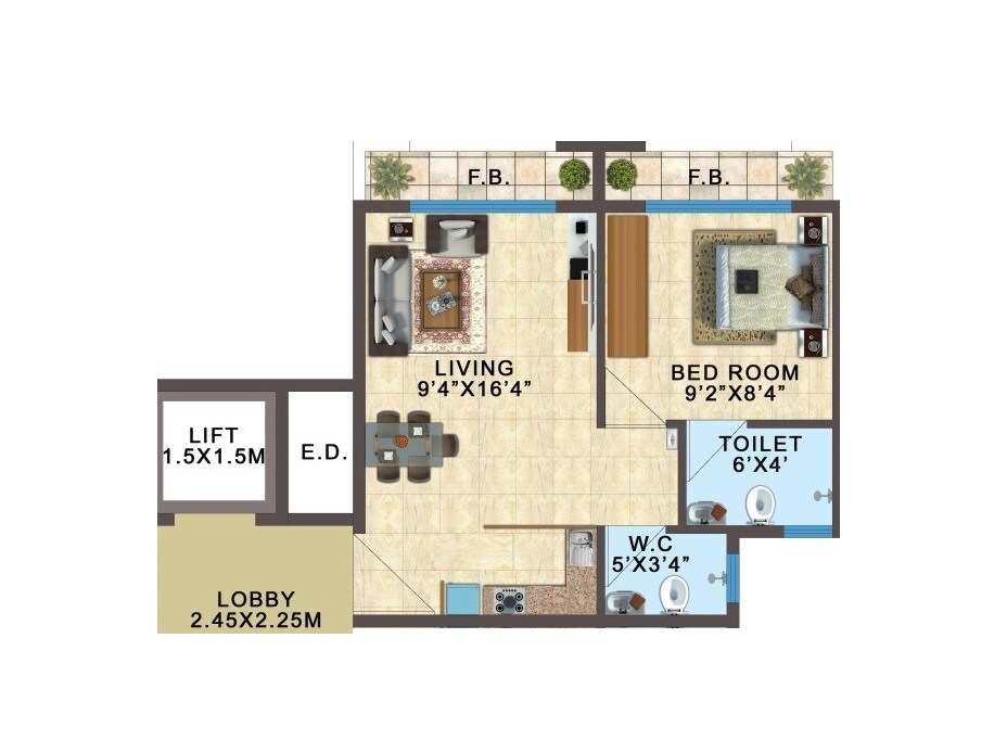 Floor plan of 1 BHK 335 Sq. Ft. Apartment in EV Heart City, Navi Mumbai