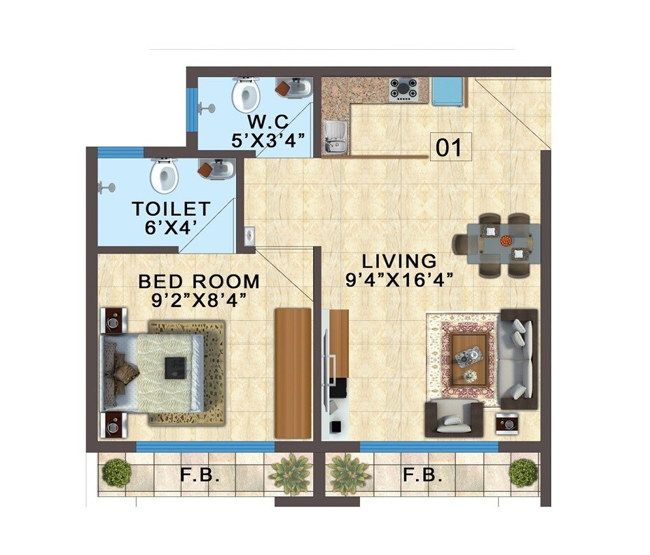 Floor plan of 1 BHK 422 Sq. Ft. Apartment in EV Heart City, Navi Mumbai