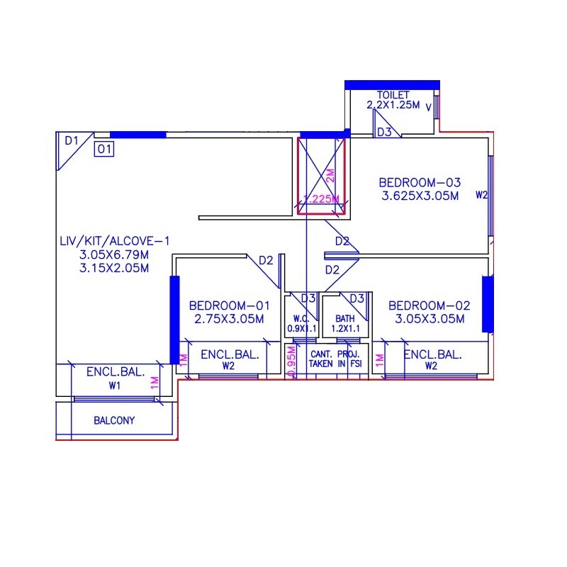 Floor plan of 3 BHK 669 Sq. Ft. Apartment in EV Paradise, Navi Mumbai
