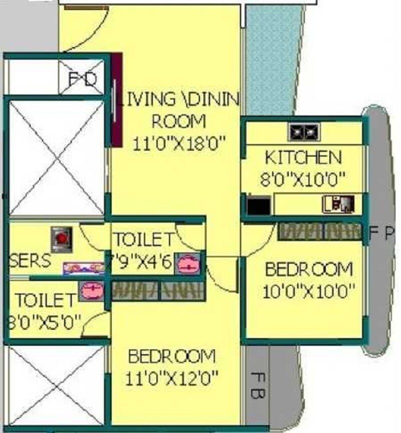 Floor plan of 2 BHK 1100 Sq. Ft. Apartment in Ev Zion I, Navi Mumbai