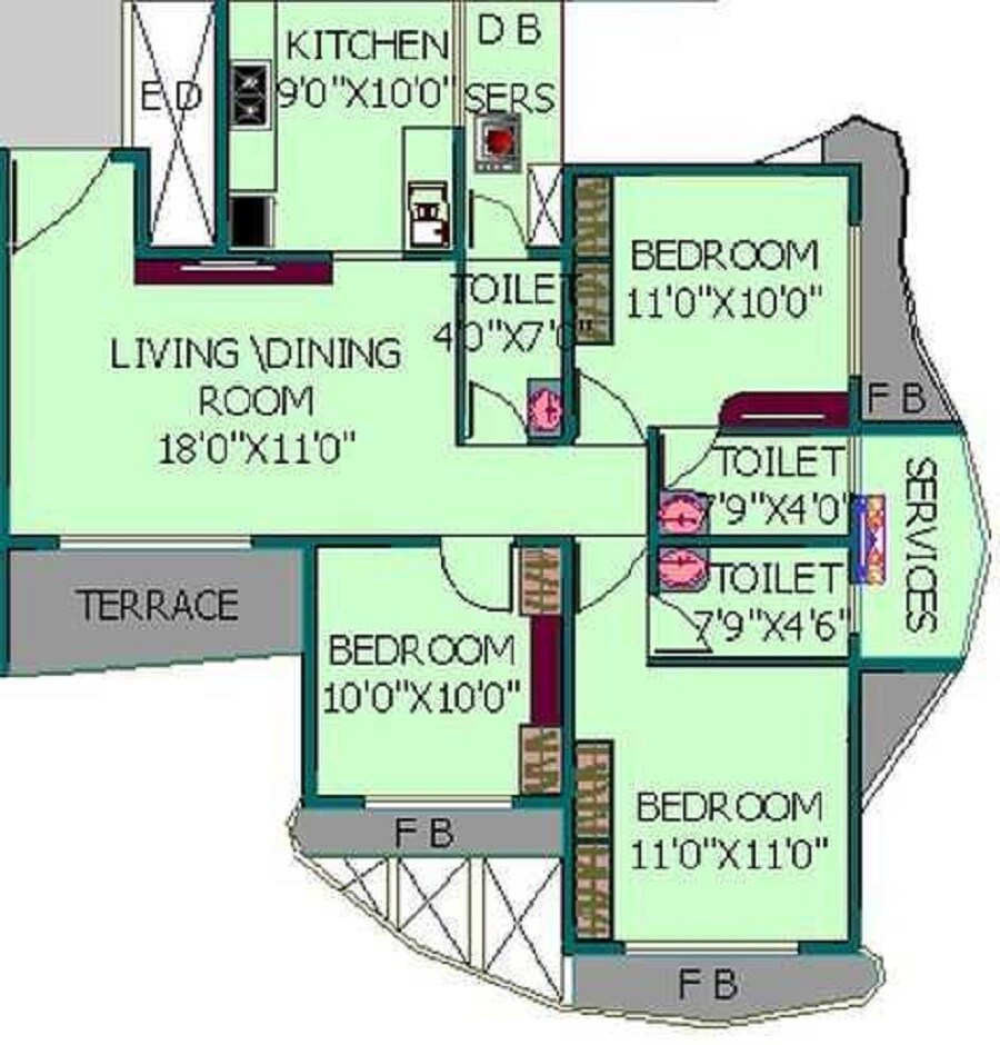 Floor plan of 3 BHK 1435 Sq. Ft. Apartment in Ev Zion I, Navi Mumbai