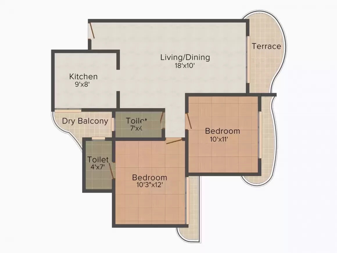 Floor plan of 2 BHK 735 Sq. Ft. Apartment in Ev Zion Ii, Navi Mumbai