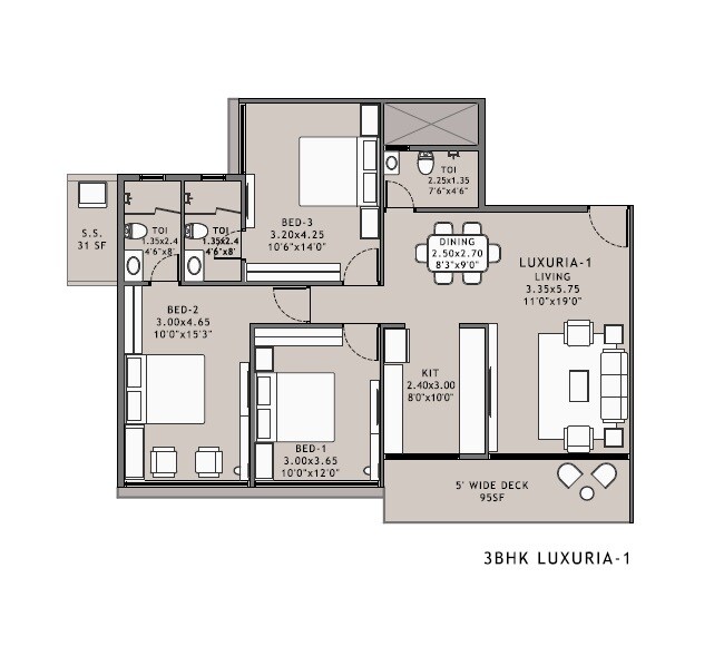 Floor plan of 3 BHK 825 Sq. Ft. Apartment in Experio Platinum Elysium, Navi Mumbai