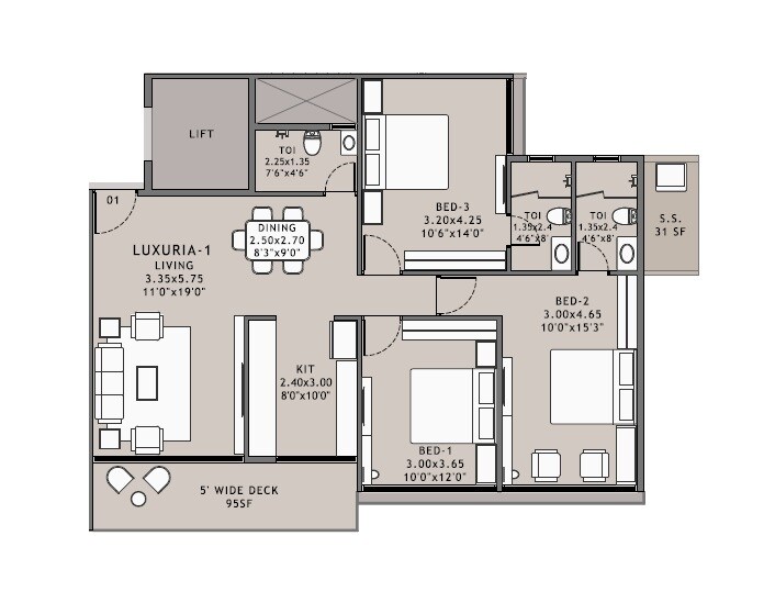 Floor plan of 3 BHK 940 Sq. Ft. Apartment in Experio Platinum Elysium, Navi Mumbai