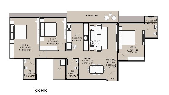 Floor plan of 3 BHK 1088 Sq. Ft. Apartment in Experio Platinum Mansionz, Navi Mumbai