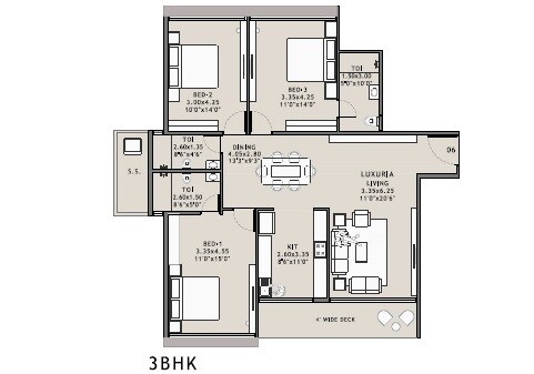 Floor plan of 3 BHK 826 Sq. Ft. Apartment in Experio Platinum Mansionz, Navi Mumbai