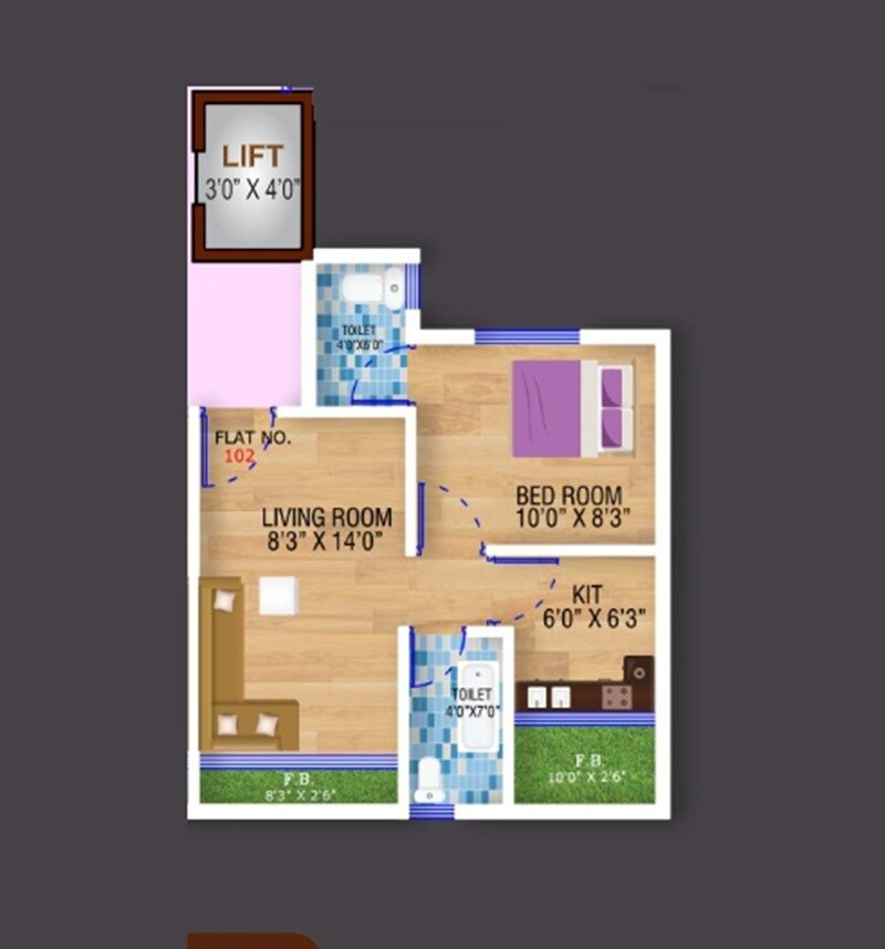 Floor plan of 1 BHK 594 Sq. Ft. Apartment in Farmdean Prakash Residency, Navi Mumbai