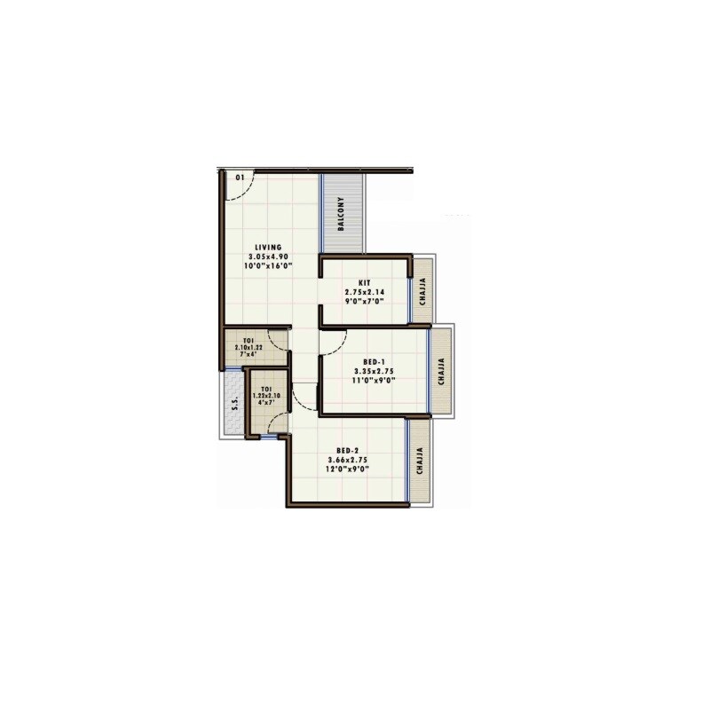 Floor plan of 2 BHK 551 Sq. Ft. Apartment in Fornax Bhoomi Icon, Navi Mumbai