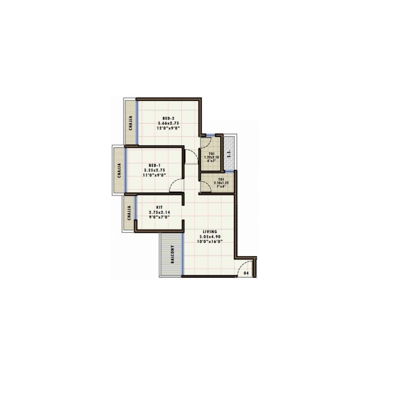 Floor plan of 2 BHK 620 Sq. Ft. Apartment in Fornax Bhoomi Icon, Navi Mumbai