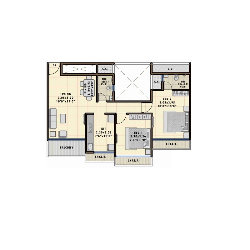 Floor plan of 2 BHK 643 Sq. Ft. Apartment in Fornax Bhoomi Icon, Navi Mumbai