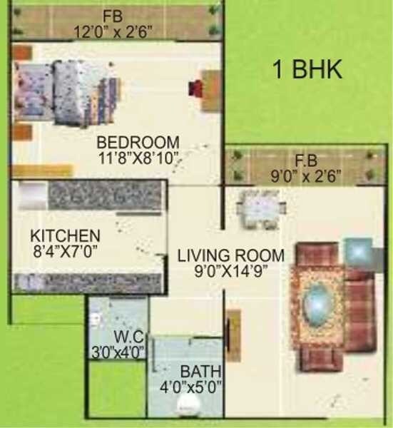Floor plan of 1 BHK 439 Sq. Ft. Apartment in Fortune Belleza, Navi Mumbai