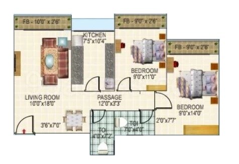 Floor plan of 2 BHK 689 Sq. Ft. Apartment in Fortune Belleza, Navi Mumbai