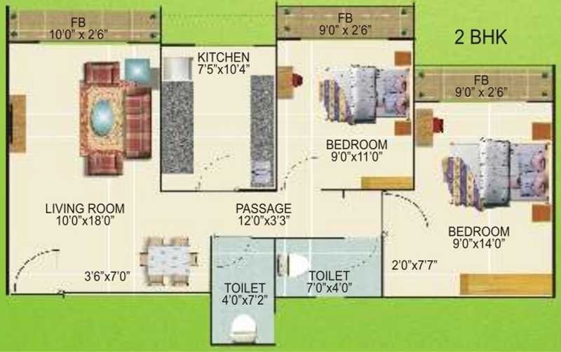Floor plan of 2 BHK 925 Sq. Ft. Apartment in Fortune Belleza, Navi Mumbai