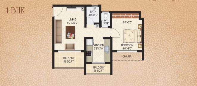 Floor plan of 1 BHK 421 Sq. Ft. Apartment in Fortune Maximus, Navi Mumbai