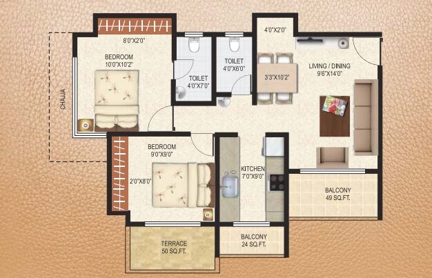 Floor plan of 2 BHK 716 Sq. Ft. Apartment in Fortune Maximus, Navi Mumbai