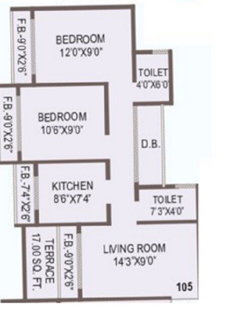 Floor plan of 2 BHK 890 Sq. Ft. Apartment in Fortune Symphony, Navi Mumbai
