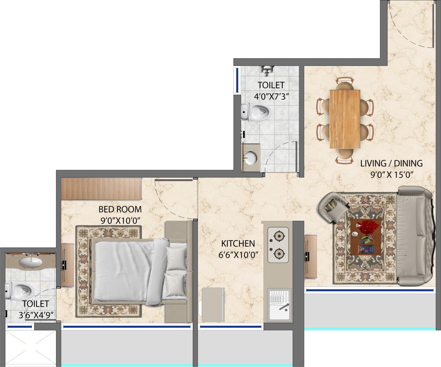 Floor plan of 1 BHK 358 Sq. Ft. Apartment in FSK Millennial Towers, Navi Mumbai