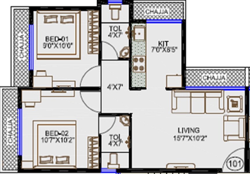 Floor plan of 2 BHK 518 Sq. Ft. Apartment in Future Exotica, Navi Mumbai