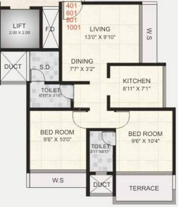 Floor plan of 2 BHK 598 Sq. Ft. Apartment in Future Heights, Navi Mumbai