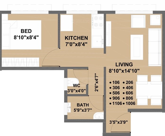 Floor plan of 1 BHK 384 Sq. Ft. Apartment in Future Sky, Navi Mumbai