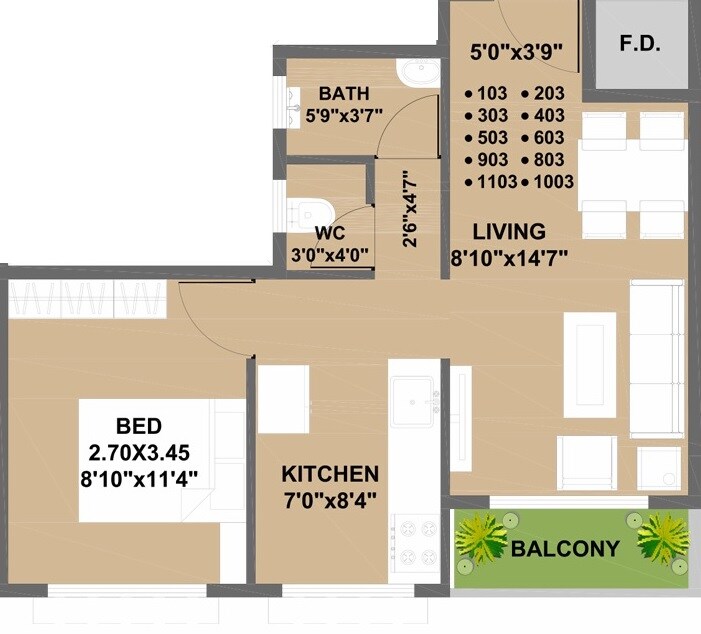 Floor plan of 1 BHK 459 Sq. Ft. Apartment in Future Sky, Navi Mumbai