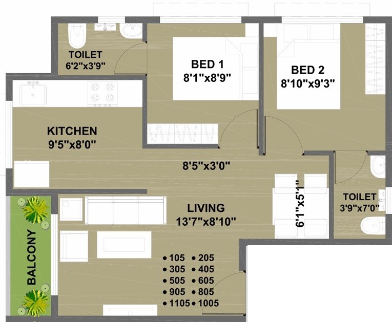 Floor plan of 2 BHK 582 Sq. Ft. Apartment in Future Sky, Navi Mumbai