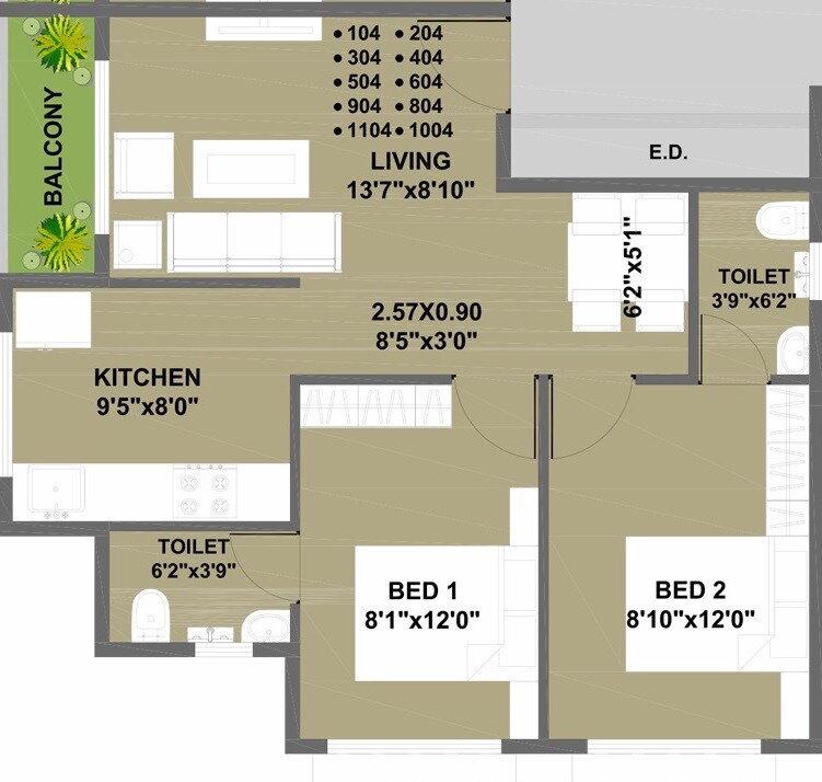 Floor plan of 2 BHK 634 Sq. Ft. Apartment in Future Sky, Navi Mumbai