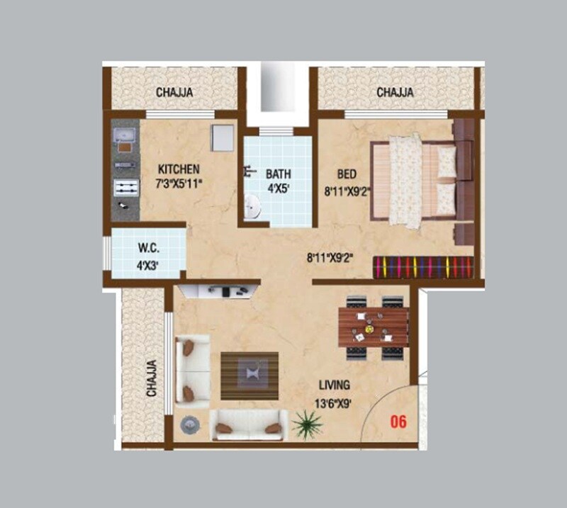 Floor plan of 1 BHK 311 Sq. Ft. Apartment in Gaj Sharan, Navi Mumbai