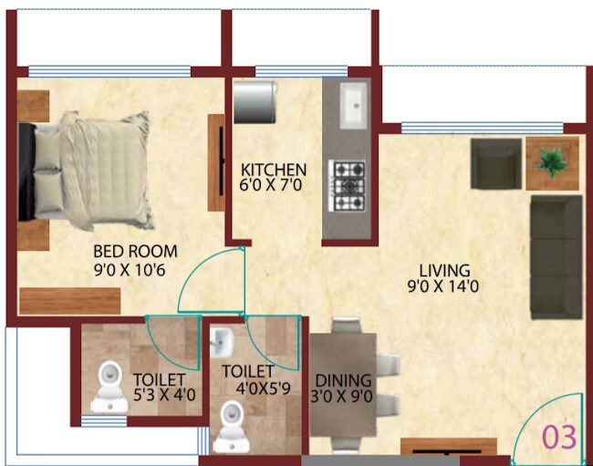 Floor plan of 1 BHK 390 Sq. Ft. Apartment in Gajora Kalpavruksha Valley, Navi Mumbai