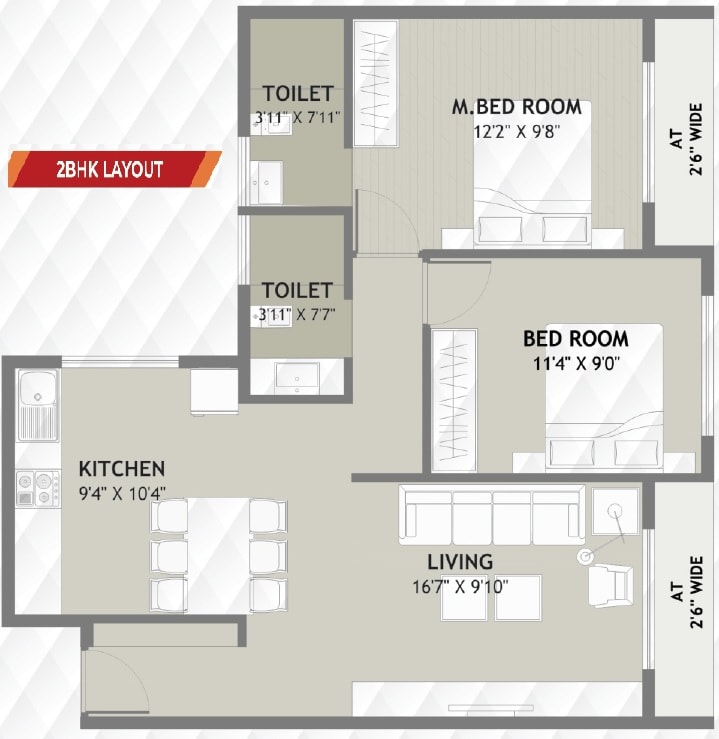 Floor plan of 2 BHK 632 Sq. Ft. Apartment in Gajvakra Heights, Navi Mumbai