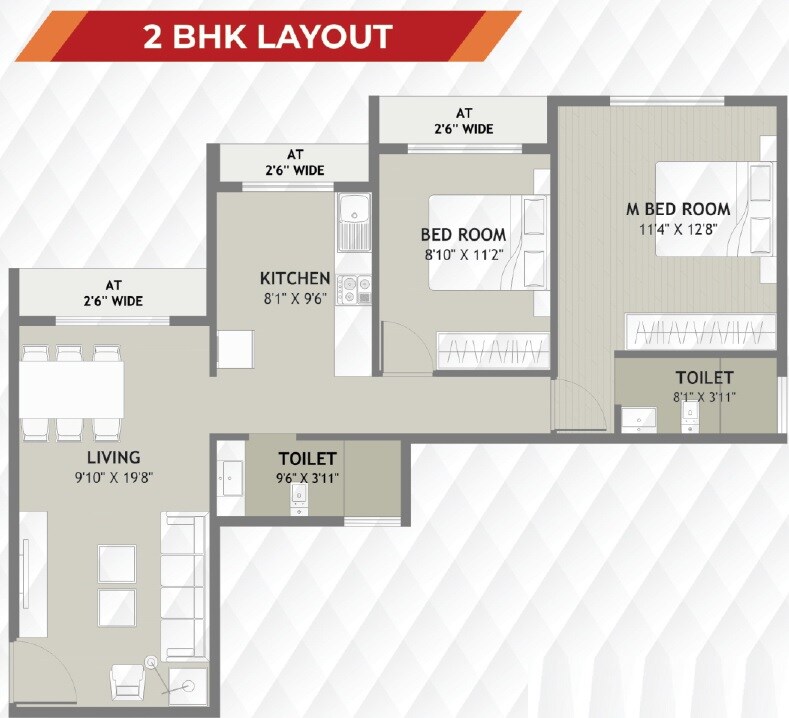 Floor plan of 2 BHK 667 Sq. Ft. Apartment in Gajvakra Heights, Navi Mumbai