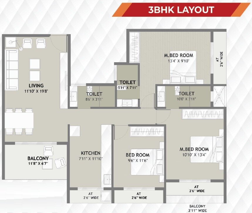 Floor plan of 3 BHK 925 Sq. Ft. Apartment in Gajvakra Heights, Navi Mumbai