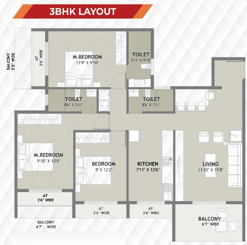 Floor plan of 3 BHK 944 Sq. Ft. Apartment in Gajvakra Heights, Navi Mumbai