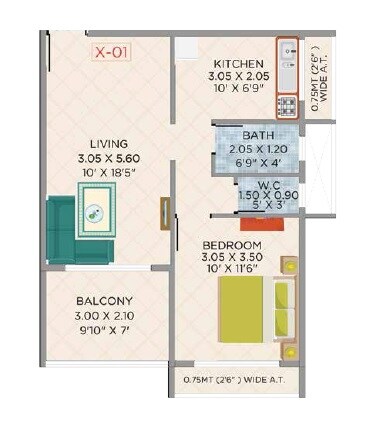 Floor plan of 1 BHK 453 Sq. Ft. Apartment in Gajvakra Prime, Navi Mumbai