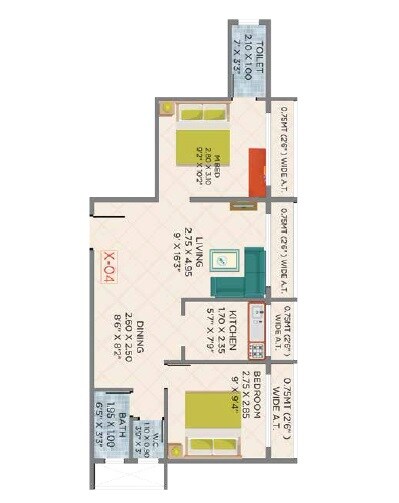 Floor plan of 2 BHK 518 Sq. Ft. Apartment in Gajvakra Prime, Navi Mumbai