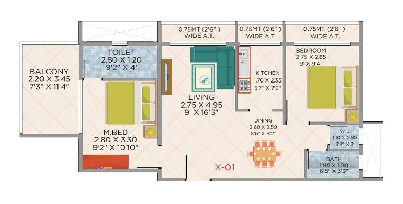 Floor plan of 2 BHK 631 Sq. Ft. Apartment in Gajvakra Prime, Navi Mumbai