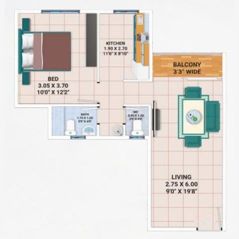 Floor plan of 1 BHK 451 Sq. Ft. Apartment in Gajvakra Residency, Navi Mumbai