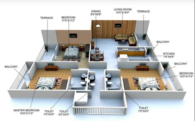 Floor plan of 3 BHK 1790 Sq. Ft. Apartment in Galaxy Krishna Tower, Navi Mumbai