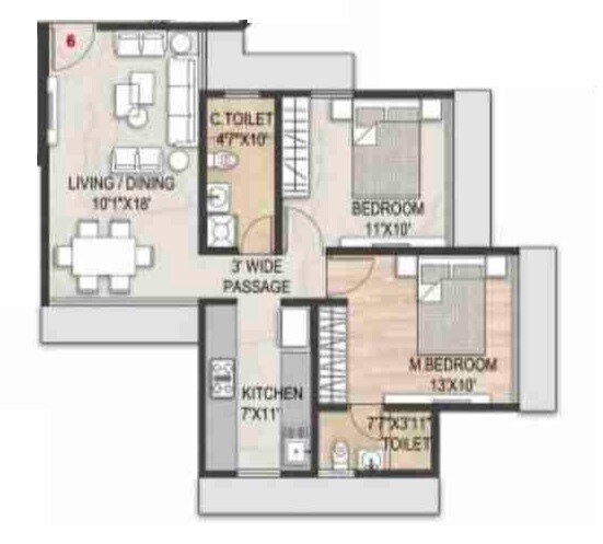 Floor plan of 2 BHK 630 Sq. Ft. Apartment in Galaxy Maplewoods, Navi Mumbai