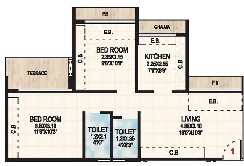 Floor plan of 2 BHK 429 Sq. Ft. Apartment in Gami Asters, Navi Mumbai