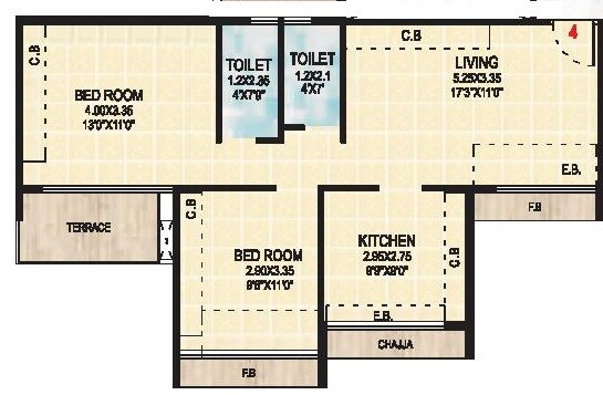 Floor plan of 2 BHK 520 Sq. Ft. Apartment in Gami Asters, Navi Mumbai