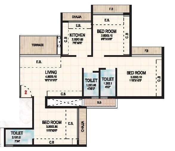 Floor plan of 3 BHK 529 Sq. Ft. Apartment in Gami Asters, Navi Mumbai