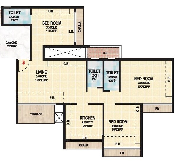 Floor plan of 3 BHK 841 Sq. Ft. Apartment in Gami Asters, Navi Mumbai