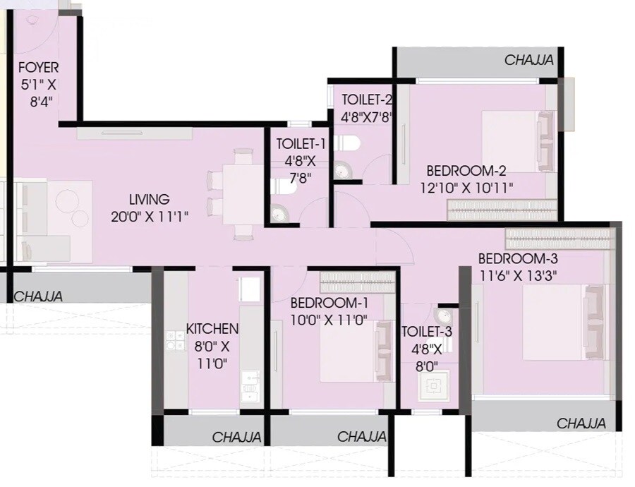 Floor plan of 3 BHK 849 Sq. Ft. Apartment in Gami Avant, Navi Mumbai